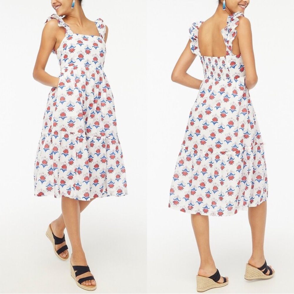 NEW J. Crew Square Neck Midi Dress in Floral Red White Blue Print - 18